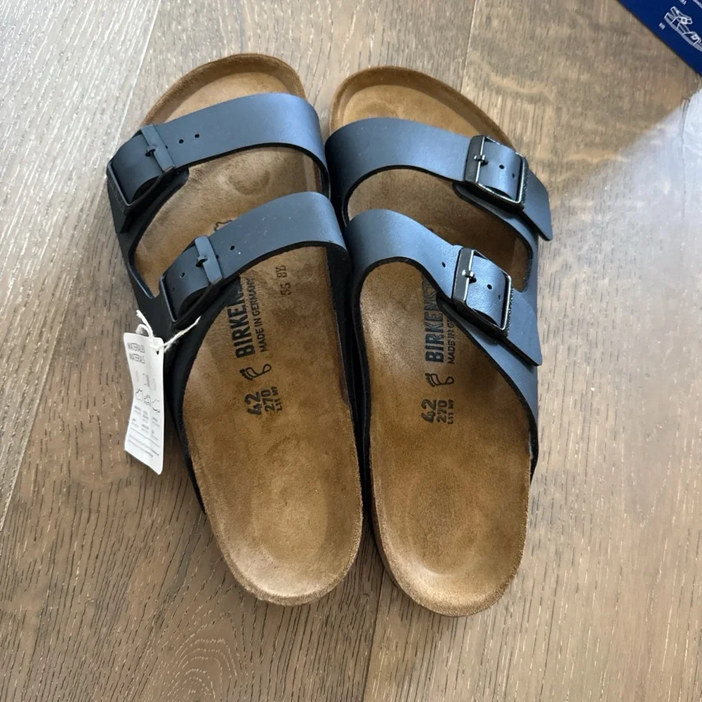 Birkenstock Men's Arizona Two-Strap Sandal in Black with Brown Footbed